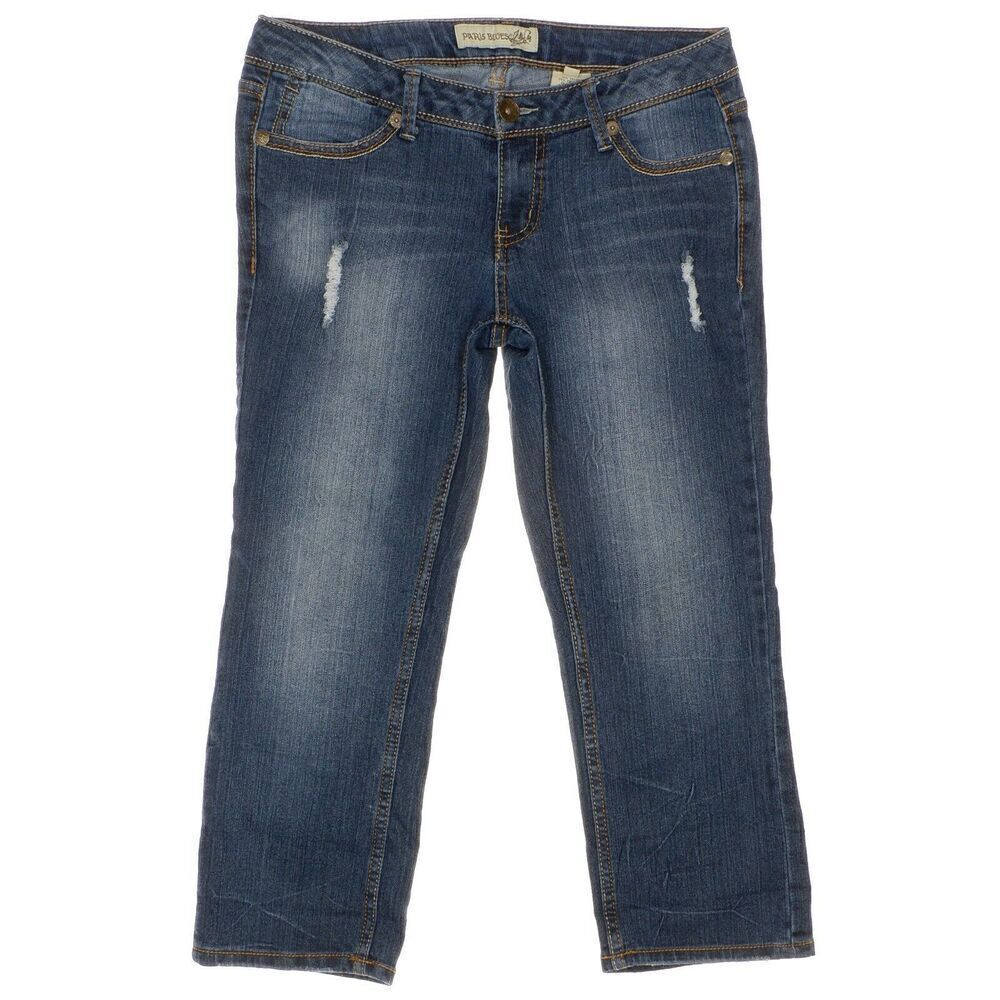 Paris Blues Crop Jeans Size 9 Juniors Distressed Blue Stretch Measures 30 x 22.5